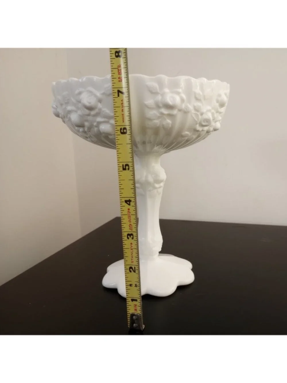 Fenton Milk Glass Scalloped Chalice Roses White Pedestal Candy Dish Vintage